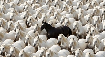 Fototapeta premium A single black horse amongst a large group of white horses in a crowded field of animals running wild