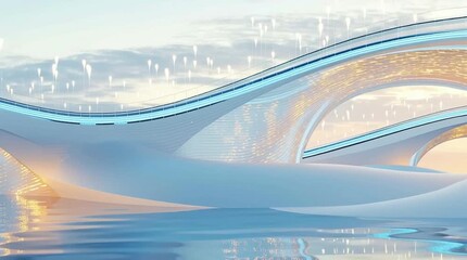 A serene landscape featuring abstract architectural forms seamlessly integrated with water, reflecting soft light and creating a tranquil atmosphere of harmony and innovation.