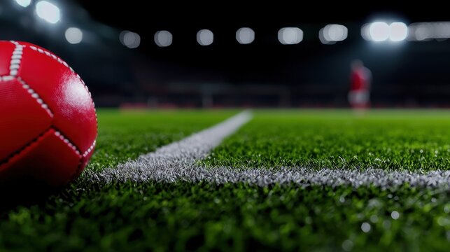 Close-up of a red soccer ball on a well-maintained grass field during a night match