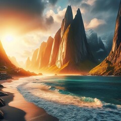 Coastal Beach with Mountain Cliffs and Sunlight A beach with tow