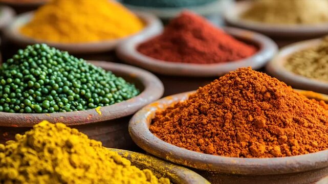 Vibrant assortment of colorful spices in earthenware bowls