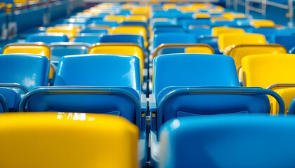 Naklejka premium Close-up symmetrical view of vibrant blue and yellow tennis court seating, emphasizing clean design and sunlight reflections. 