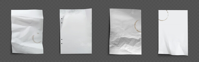 Wrinkled paper sheet set with coffee stains, fold marks and hole punches - blank crumpled pages with wear, creases and aged texture. Office document with realistic damage for vintage or grunge design.