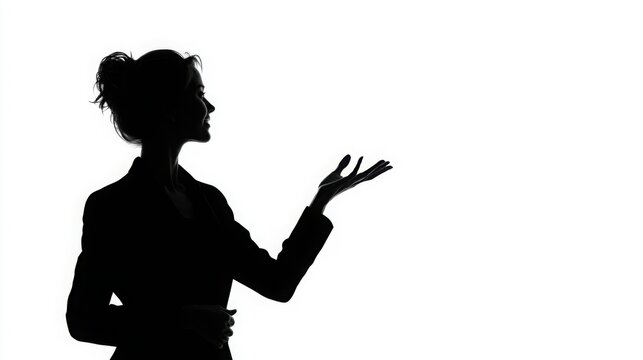 A silhouette of a female professional mid-presentation, engaging with confidence and clarity against a bright white background.