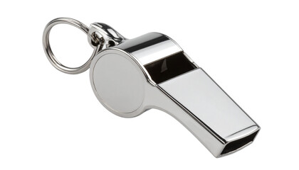 Hanging blue metal whistle with a glossy finish and a small loop for attaching to a lanyard or keychain. Isolated on a transparent PNG background