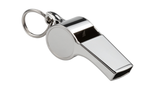 Hanging blue metal whistle with a glossy finish and a small loop for attaching to a lanyard or keychain. Isolated on a transparent PNG background - Powered by Adobe