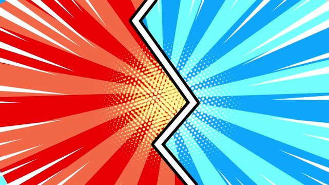 Red versus blue comic book battle screen with moving speed lines. Looping pop art animation versus comparisons, fight intros, and dynamic text overlays.