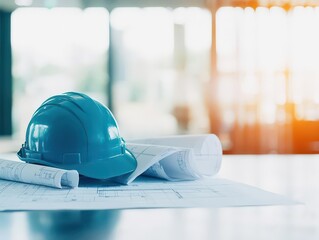 Building plans and safety helmet on construction blueprints in bright workspace