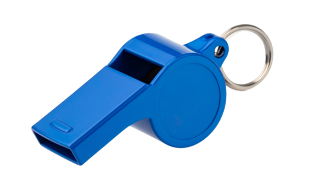 Hanging blue metal whistle with a glossy finish and a small loop for attaching to a lanyard or keychain. Isolated on a transparent background. - Powered by Adobe