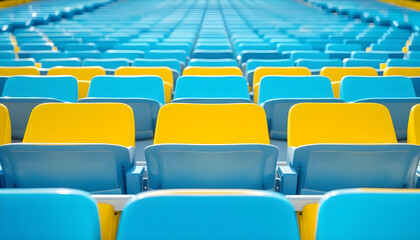 Naklejka premium Close-up symmetrical view of vibrant blue and yellow tennis court seating, emphasizing clean design and sunlight reflections. 