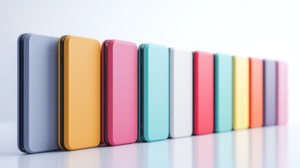 Naklejka premium 3d render lineup of portable hard drives on white background