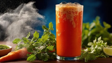 Fresh carrot juice with herbs and vegetables.