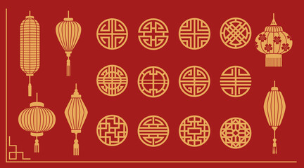 Golden oriental elements on red - Chinese lanterns with various shapes, Japanese geometric circle patterns. Traditional Asian festival decorations - round lattice symbols for cultural celebrations. © klyaksun