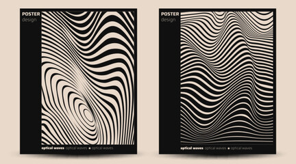 Psychedelic poster design with optical wave illusions - black striped patterns for hypnotic movement. Abstract flowing lines with wavy distorted visual effects for modern minimalist art prints.
