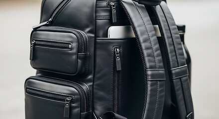 Naklejka premium Luxurious black leather backpack with multiple compartments for professional use and style