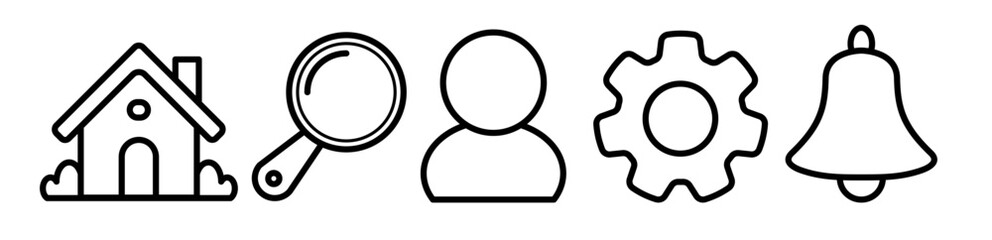 Minimal 2D Line Icon Set – Home, Search, Settings, User, Notification