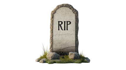 Old weathered sign for sale placed on a grave headstone symbolizing dark humor and irony, isolated on white background