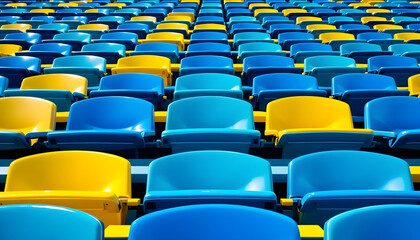 Fototapeta premium Close-up symmetrical view of vibrant blue and yellow tennis court seating, emphasizing clean design and sunlight reflections. 