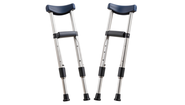 Adjustable metal crutches with padded underarm rests, hand grips, and rubber tips. Isolated with a cut-out transparent background.