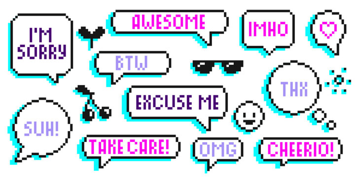 Pixel art speech bubble collection with trendy text phrases - retro gaming style chat balloons for digital messaging. Comic conversation elements, social media stickers. 8 bit communication graphics