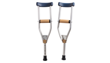 Adjustable metal crutches with padded underarm rests, hand grips, and rubber tips, shown with clean lines and realistic details. Isolated with transparent background, PNG