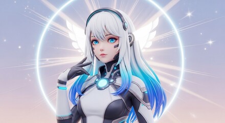 Anime-Style Woman with Angel Wings and Glowing Aura in Futuristic Outfit