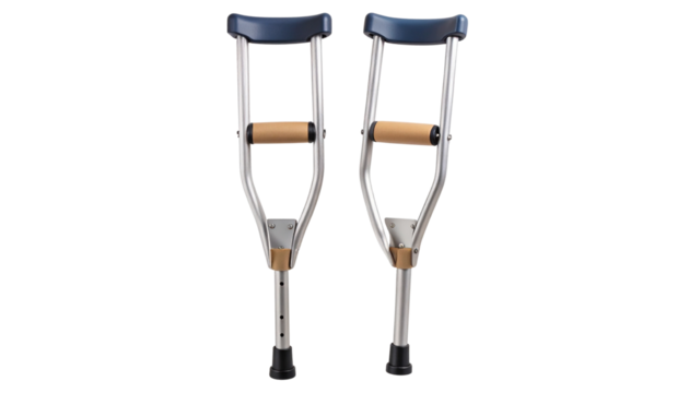 Adjustable metal crutches with padded underarm rests, hand grips, and rubber tips, shown with clean lines and realistic details. Isolated with transparent background, PNG