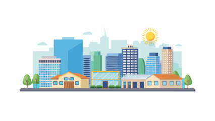 Obraz premium Cityscape illustration vector art with buildings skyscrapers and sun urban landscape design for web and print