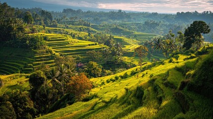 Lush terraced rice paddies descend a hillside