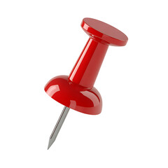 A close up shot of a single red push pin on a white surface on transparent background