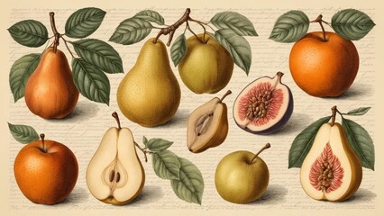 Hand-drawn vintage botanical illustration of assorted fresh fruits, detailed engraving lines, soft pastel tones, beige paper background, retro style, fig, pear, apple, orange, naturalist art