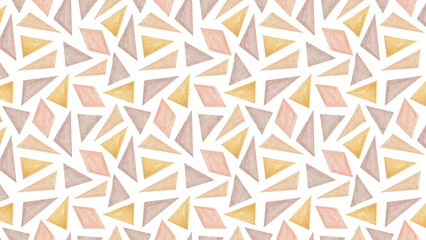 Repeating pattern of watercolor triangles and diamond shapes in pastel colors on a white background