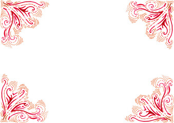 Horizontal frame. Ornament of curls, curved lines, dashes and other decor in each corner of background. Different shades of red, peach color. White copy space. Invitation, postcard, certificate.