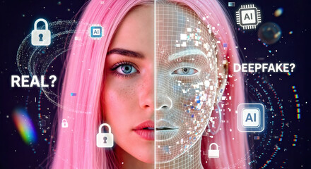 One Side of Young Woman&rsquo;s Face with Pink Hair is Real, Other is Digital Wireframe Mask, Collage with "Deepfake" Text Overlays