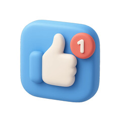 A 3D rendered thumbs-up icon with a notification showing one like.