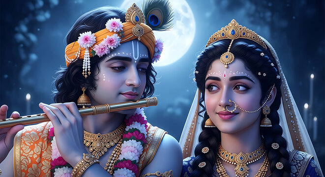 Hindu Gods Krishna and Radha with Flute and Moon Janmashtami Illustration