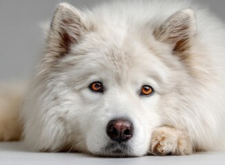 Obraz premium White samoyed dog lying down and resting its head