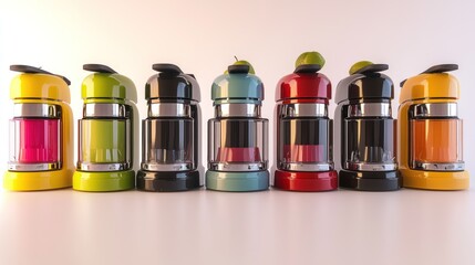 3d render lineup of juicers on white background