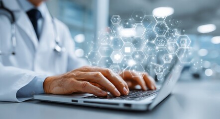 Doctor using laptop with healthcare technology icons overlay