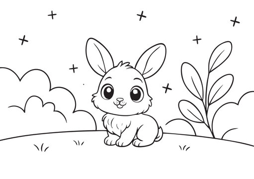 Adorable baby bunny sitting on a grassy meadow under the night sky with stars and bushes. A sweet and simple coloring page for kids. 
