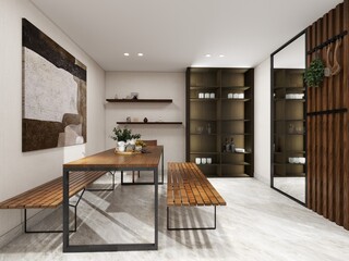 Minimalist dining room with wooden benches, sleek metal-framed table, open shelving, and earthy tones. The space feels airy, stylish, and perfect for modern gatherings