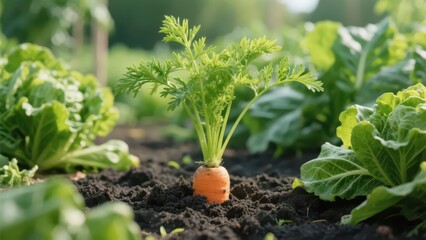 Several carrots with soil in the vegetable garden, fresh green leaves, conveying a natural, vibrant, and organic pastoral atmosphere.
