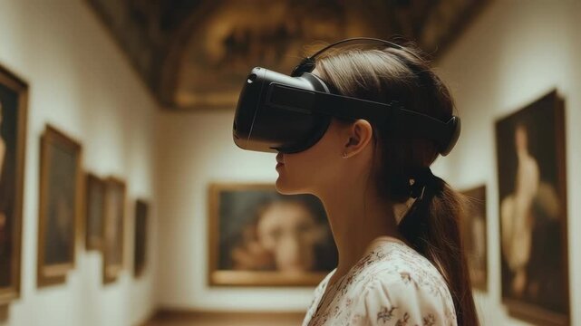 Virtual reality art museum tour with headset, modern technology for viewing classic artworks