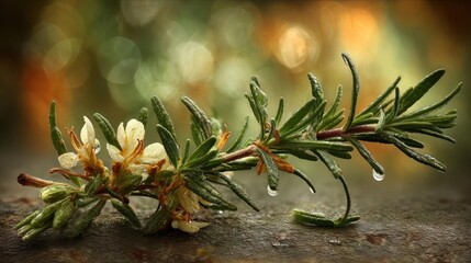 Close-up of thyme sprigs with morning dew.