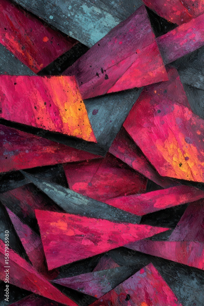 Poster vibrant abstract composition with overlapping triangular shapes in vivid red and dark tones