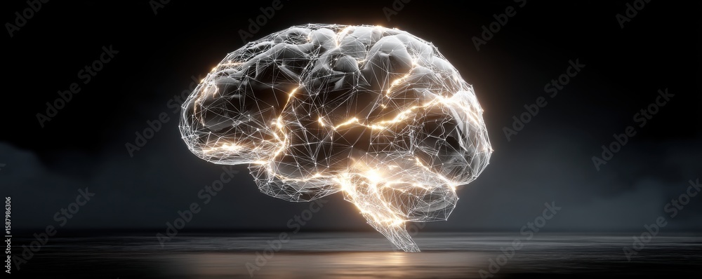 Poster digital representation of an illuminated brain in a neural network style