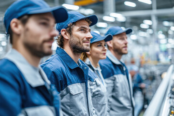 Efficient teamwork in modern factory setting showcases skilled workers in uniforms, focused and ready for tasks