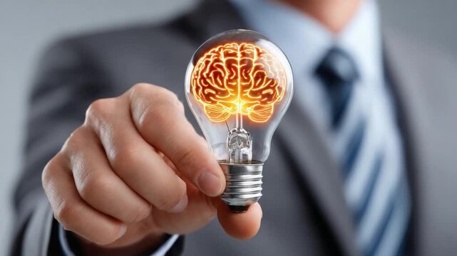 Idea Generation: An innovative concept materialized as a hand grasps an illuminated light bulb featuring a glowing brain within. Symbolizing innovative thoughts, creativity, intelligence.