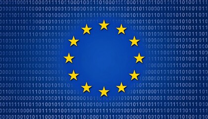 European Union Flag with Binary Code Background