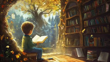 Boy reading magical book inside fantasy library room with warm glowing light
 - Powered by Adobe